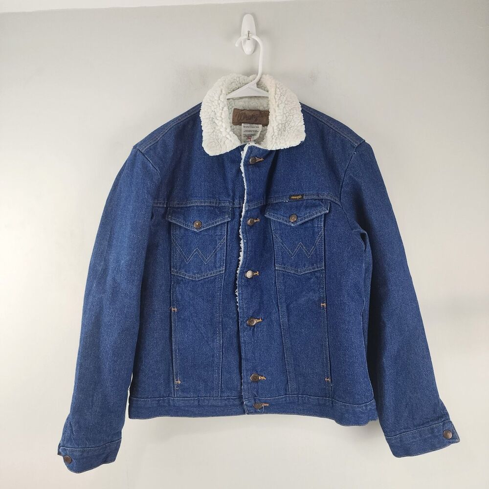Wrangler Denim Jacket Mens Medium Shepra Lined Western Blue Trucker Jean Biker
